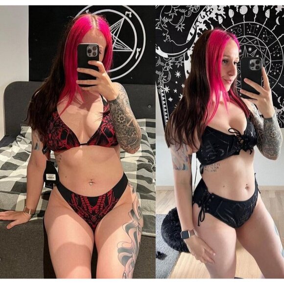 Killstar ✦ Charla Bikini ✦ Black-on-Black Print Lace-Up Top Side Tie Bottoms M - Picture 8 of 9